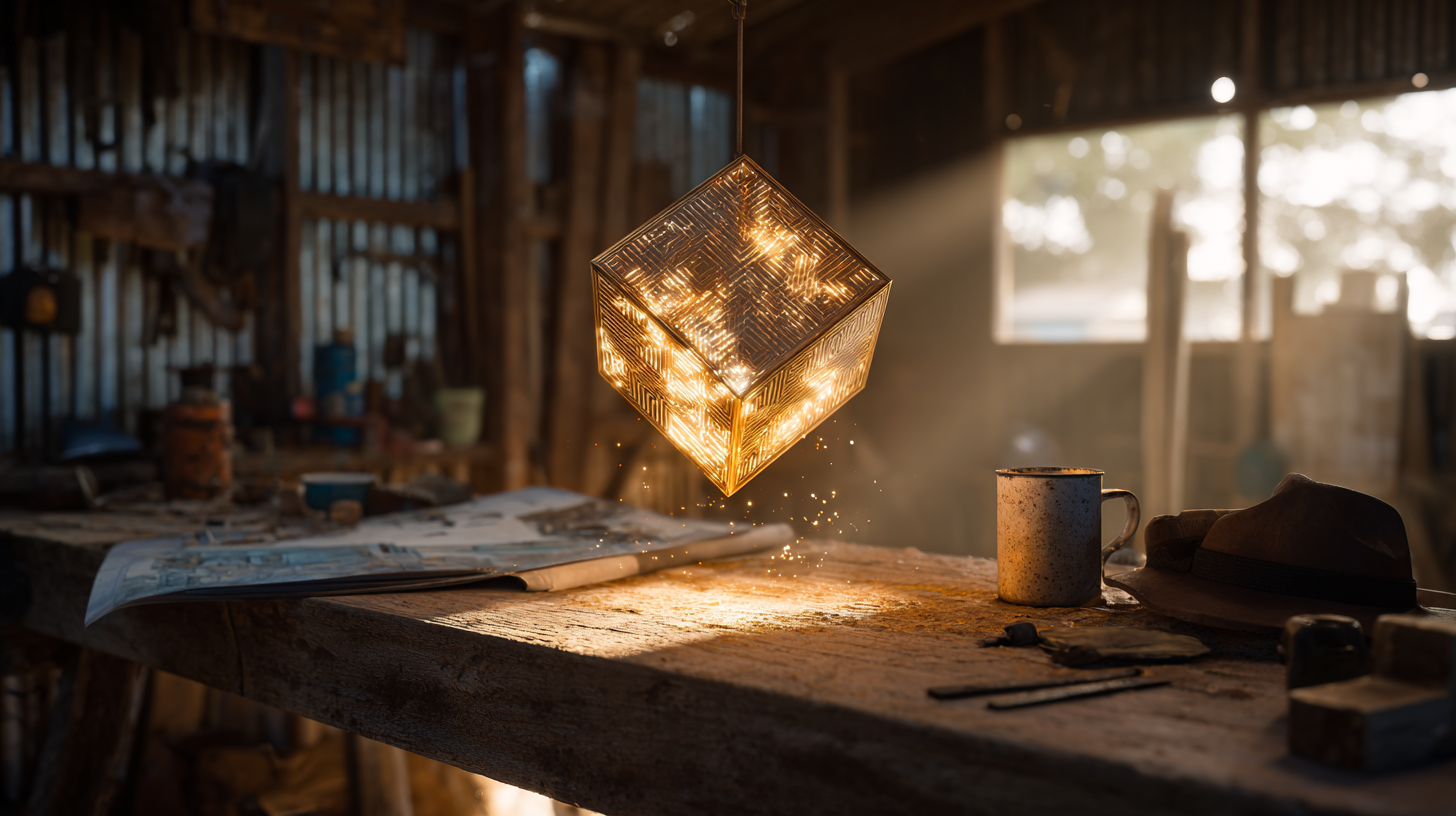 A luminous cube hovering above a worn shed workbench at dawn, hand tools and an Akubra hat nearby.