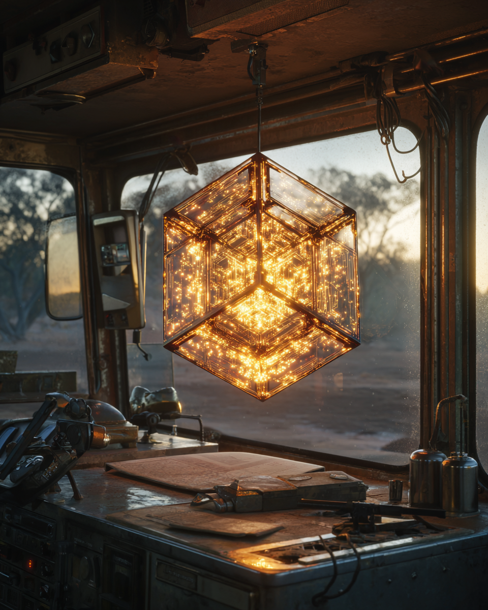A luminous cube resting on the dashboard of a heavy equipment cab at dawn, gum trees visible through the windscreen.