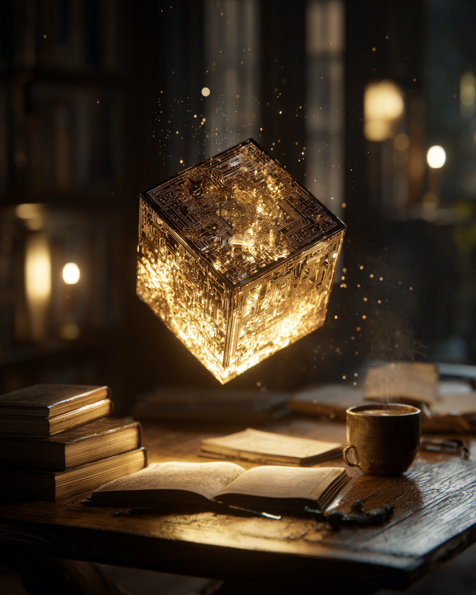 A luminous cube glowing in a dim study late in the evening, books, a leather notebook, and a cup of coffee on a worn desk.