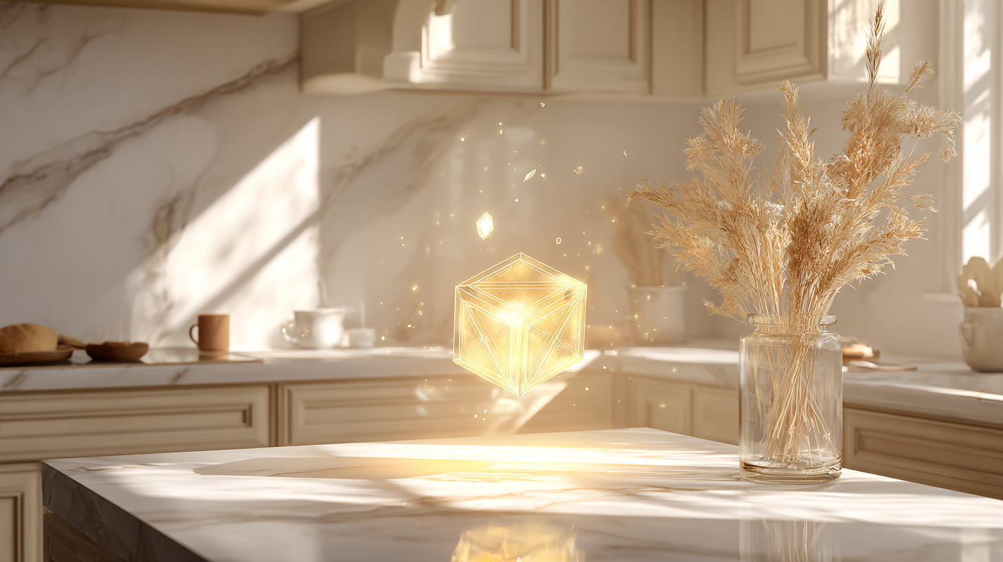 A luminous geometric cube hovering above a marble kitchen counter at dawn, soft warm light and dried grasses in the background.