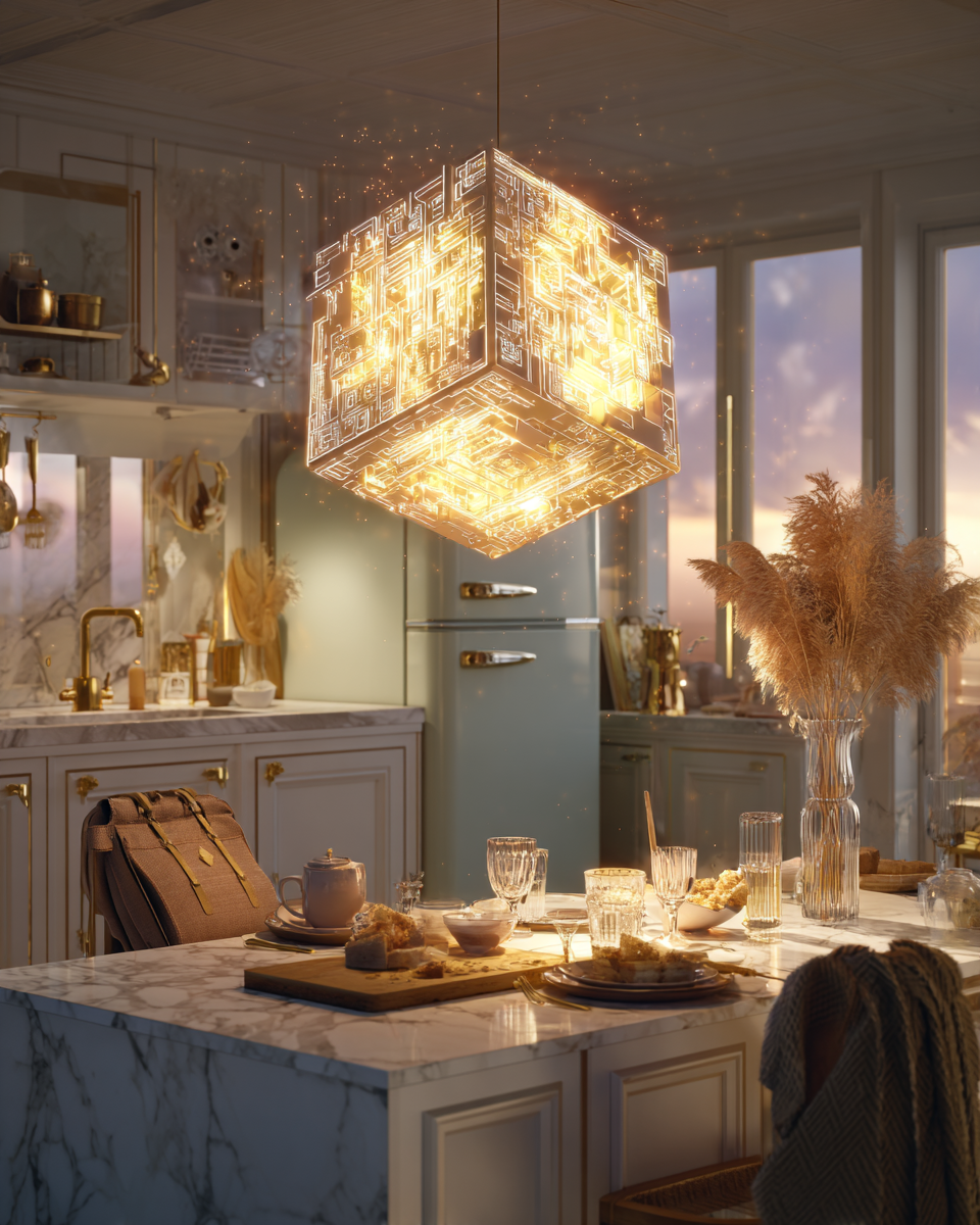 A luminous cube glowing on a marble kitchen island at dusk, with a mint retro fridge and dinner in progress.